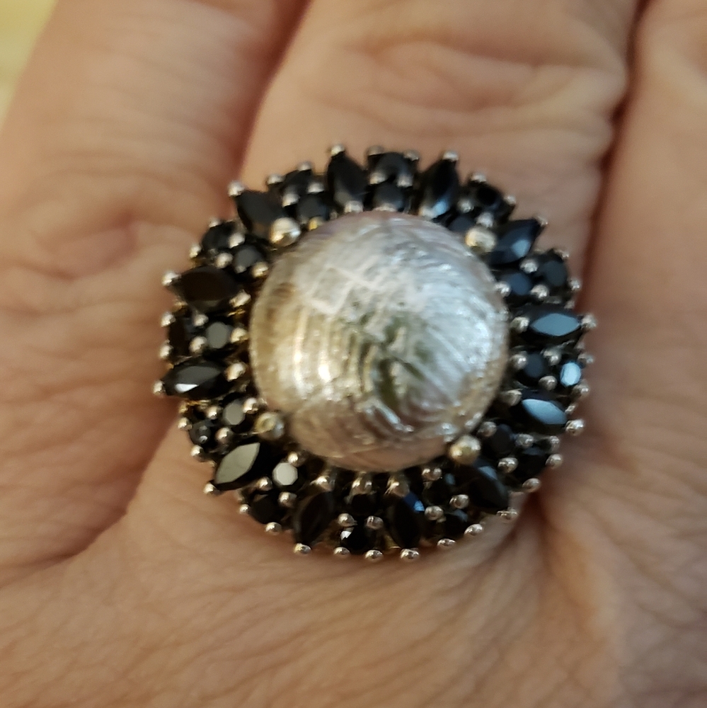 Size 10, Black Spinel & METEORITE Ring, 925 Silver, NWT